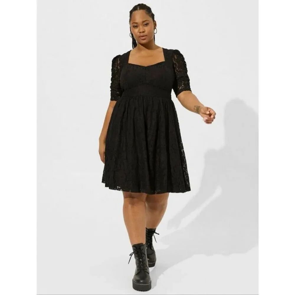 torrid Mini Stretch Lace Ruched Sleeve Skater Dress Black Plus Size 24 Grunge